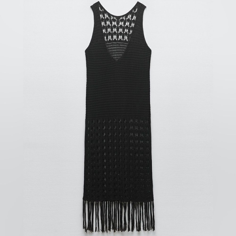 ZARA FRINGED CROCHETED DRESS OPEN BACK NWT M - Picture 6 of 11